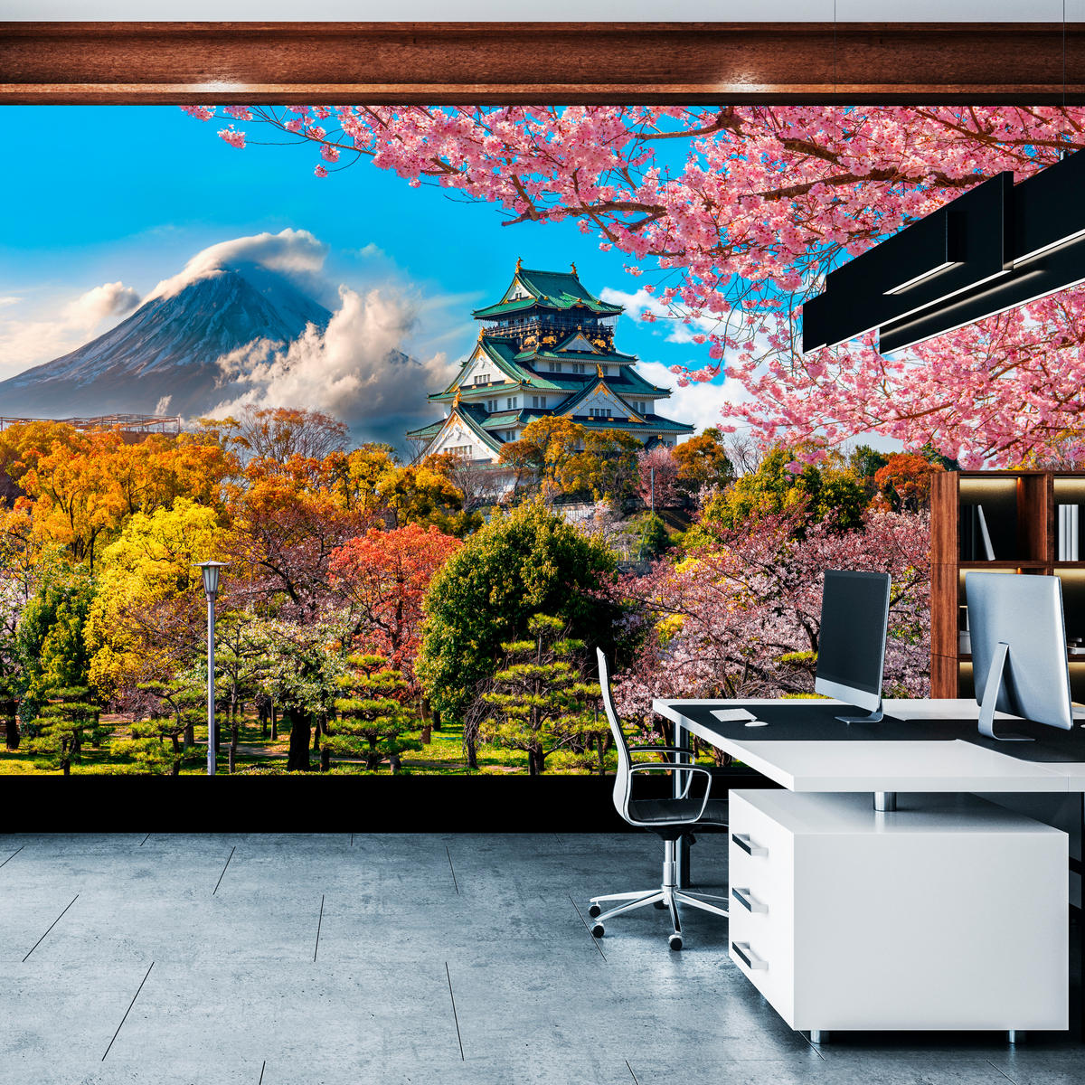 FOTOTAPETE für Wohnzimmer Kirschblüten Osaka Burg Japan Berge Bäume 200x140 - Gelb/Rosa, Papier (200/140cm) - Muralo