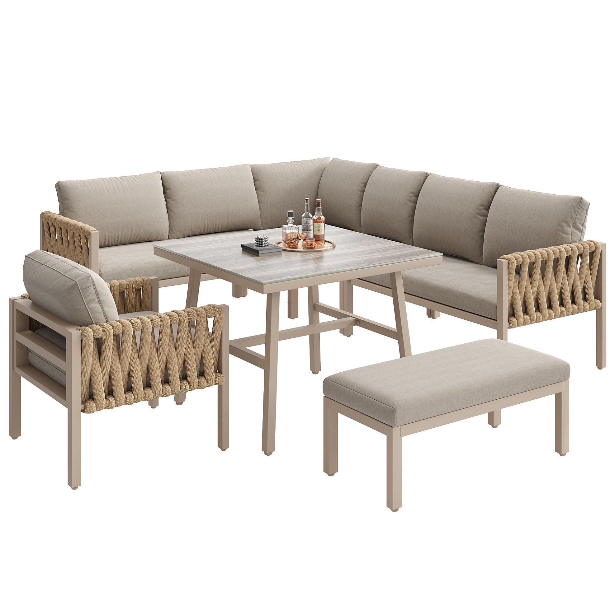 GARTENMÖBELSET mit Metallgestell, Ecksofa + Tisch mit Glasplatte, 238/61/78 cm, Beige - Beige, Metall - Redom