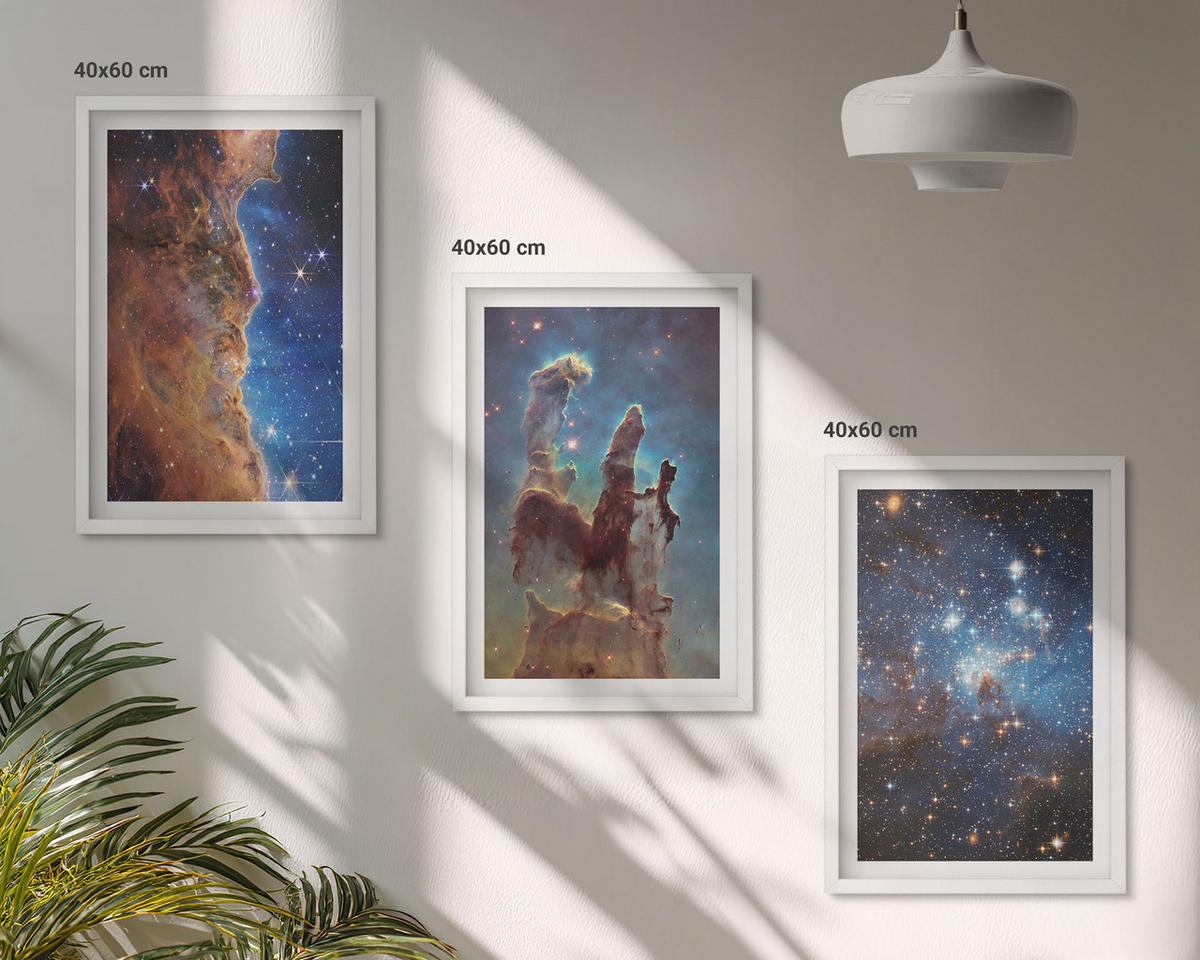 BILDER SET 3er Set - 40x60 cm Weißer Rahmen - Weltraumlandschaften von Galaxien - Weiß, Kunststoff (40/60cm) - TULUP