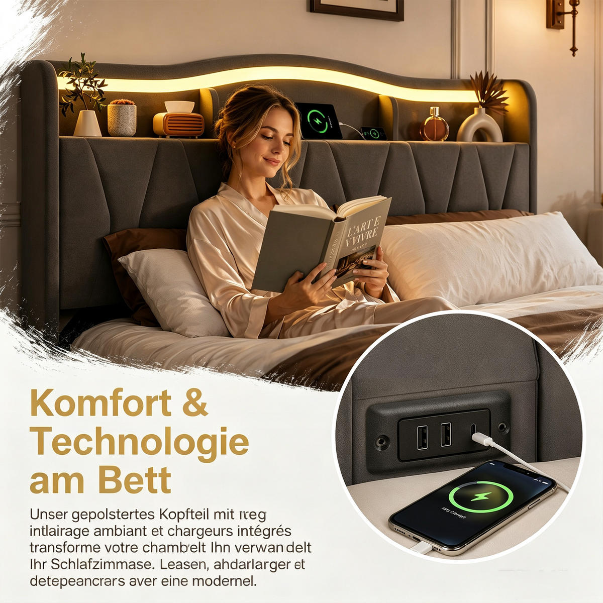 POLSTERBETT 140x200 mit stauraum, doppelbett mit LED, Bettkasten, Lattenrost, USB, Kopfteil, Samtstoff, Grau - Grau, Holz/Textil (140/200cm) - GENKI LIVING