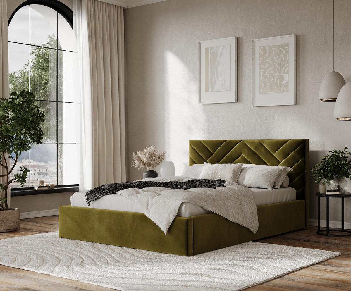 POLSTERBETT Arco 160/200 cm Olivgrün im Kronos Stoff - Schwarz/Naturfarben, Holz/Holzwerkstoff (160/200cm) - AltaBeds