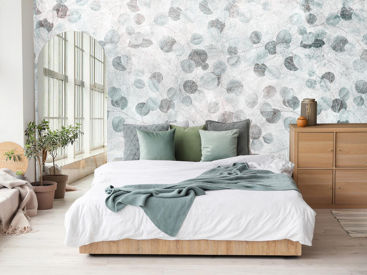 FOTOTAPETE Eukalyptusblätter Beton Vintage Stil 450x315 - Grau/Grün, Papier (450/315cm) - Muralo