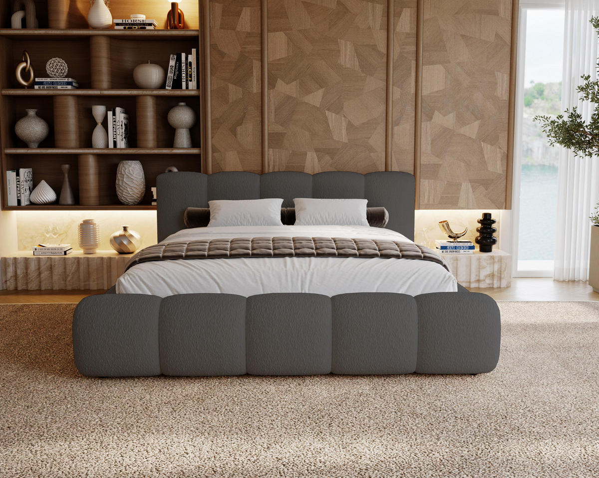 POLSTERBETT bouclé 200x200 Ravello mit Bettkasten, Lattenrost, Grau - Grau, Holz/Textil (200/200cm) - Emporius