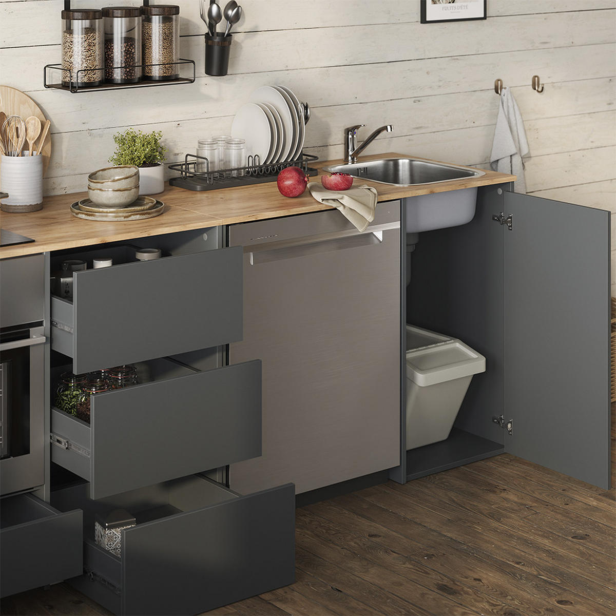MINIKÜCHE Viktor, Anthrazit/Goldkraft Eiche, mit Spüle & Armatur - Honigeiche/Anthrazit, Holzwerkstoff (230.4/88.2/60.3cm) - Vicco