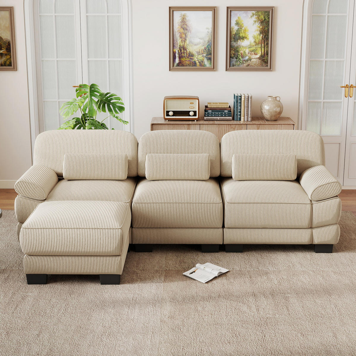 ECKSOFA L-Form 3-Sitzer mit Hocker, DE-42659, Beige - Beige, Holz (265/161cm) - ComfortXL
