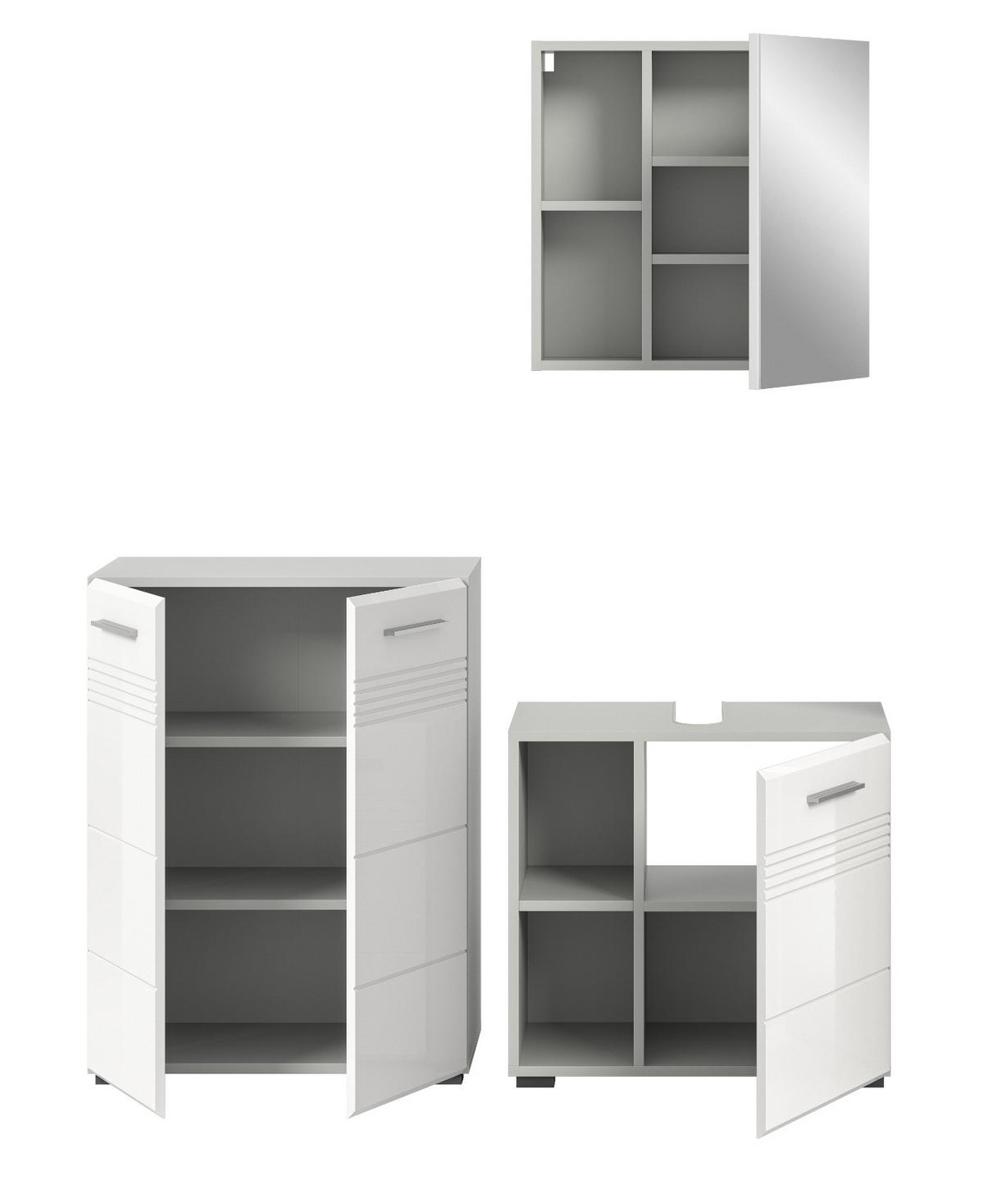 BADMÖBEL-SET 3-teilig weiß Hochglanz, grau 135 cm, Komplettset mit Soft-Close - Weiß Hochglanz/Grau, Glas/Holzwerkstoff (135/190/32cm) - Inn.Furn