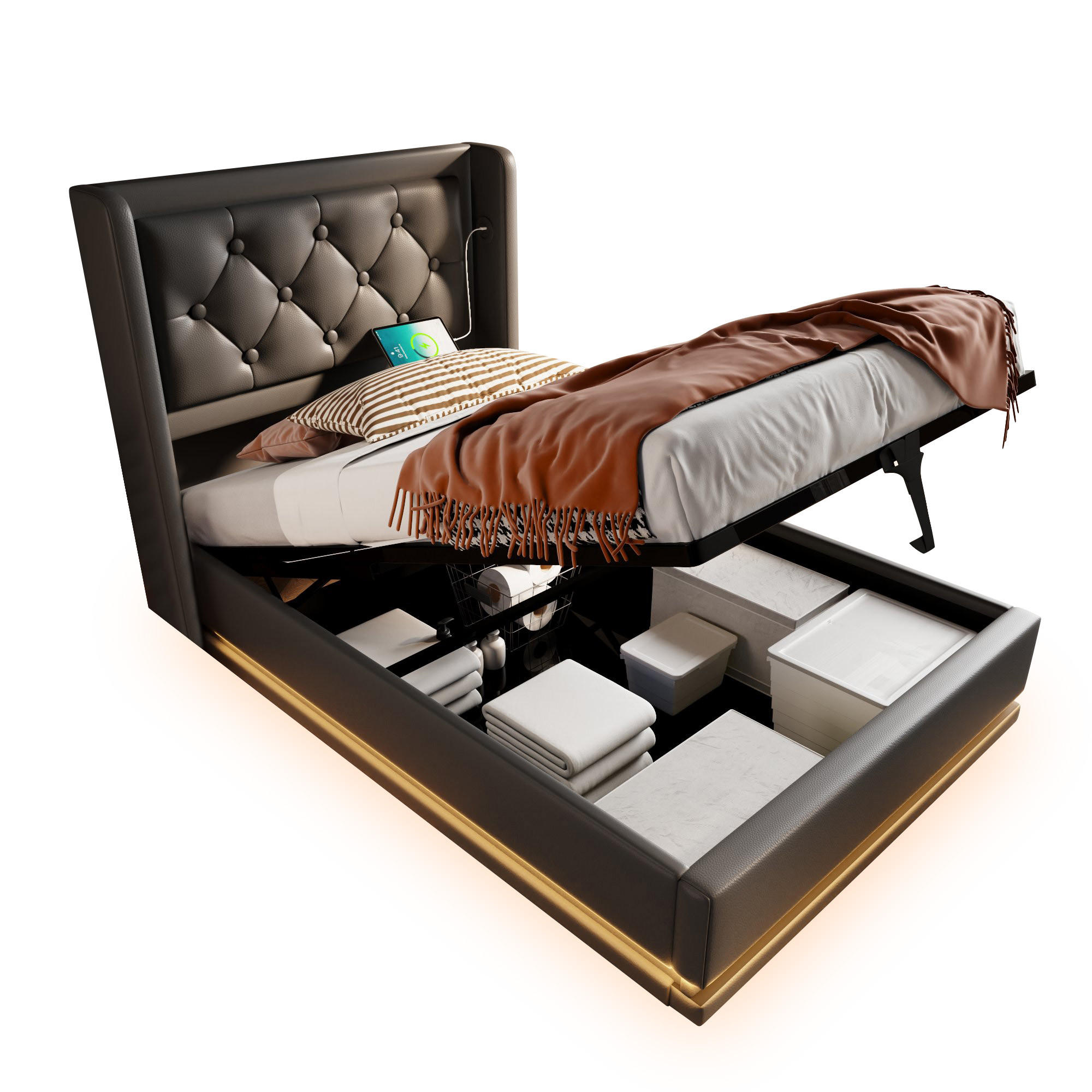 POLSTERBETT 90/200 cm Schwarz PU mit hydraulischem Stauraum und USB-Anschlüssen - Schwarz, Kunststoff (90/200cm) - OKWISH