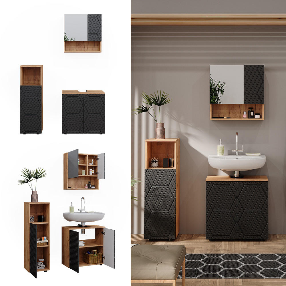 BADMÖBEL-SET Irma Anthrazit gestreift 3 Teile - Honigeiche/Anthrazit, Holzwerkstoff (80/58.6/41cm) - Vicco