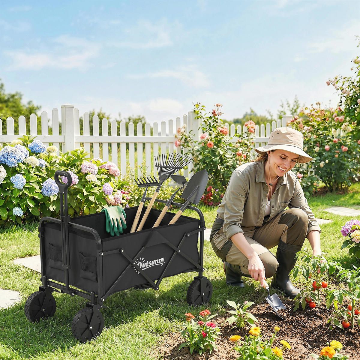 GARTENWAGEN DE-10533 faltbar, 90 L mit Getränkehaltern Schwarz - Schwarz, Metall (50/99/85cm) - ComfortXL