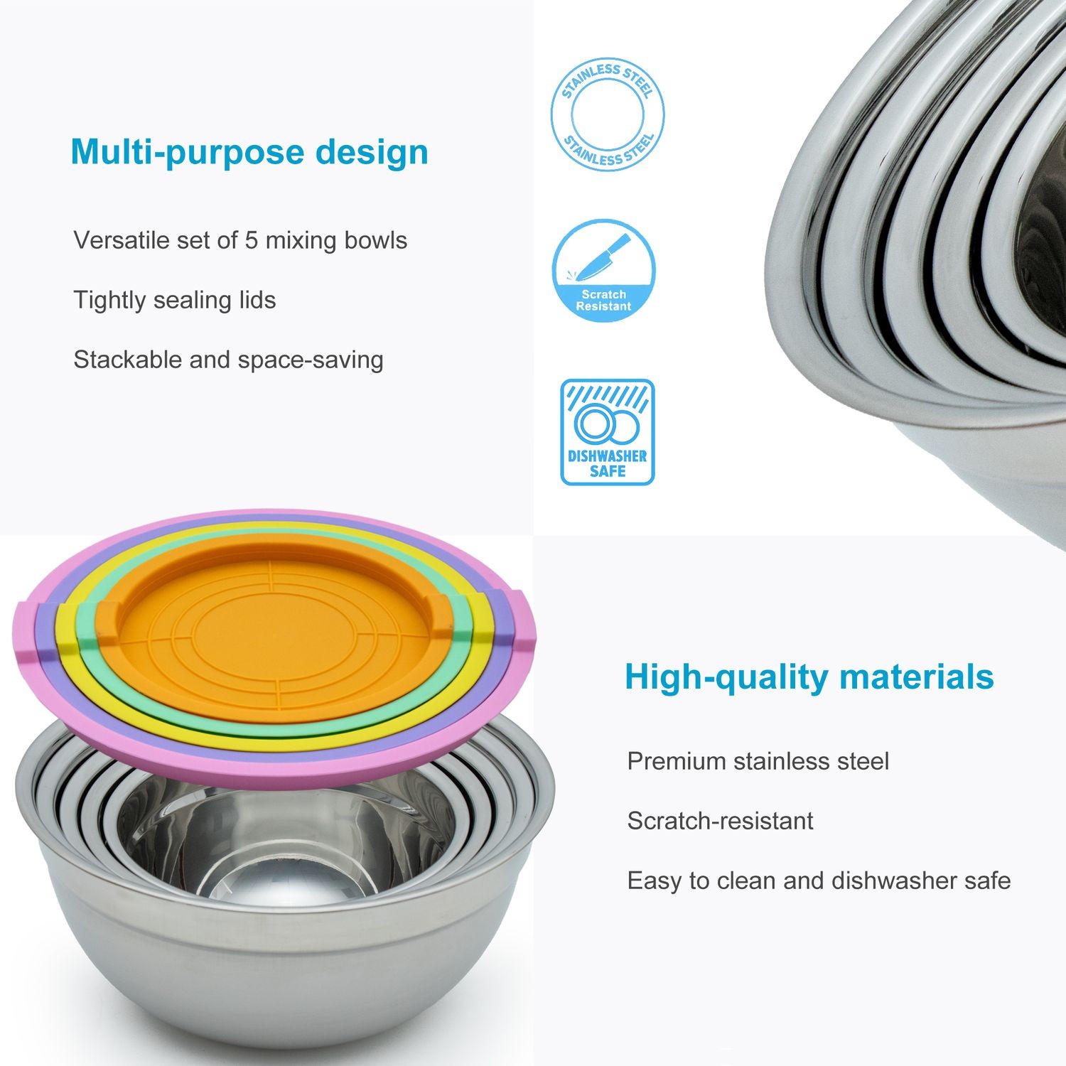 RÜHRSCHÜSSELN Edelstahl (5er Set) - Multicolor, Metall (26/13cm) - Intirilife