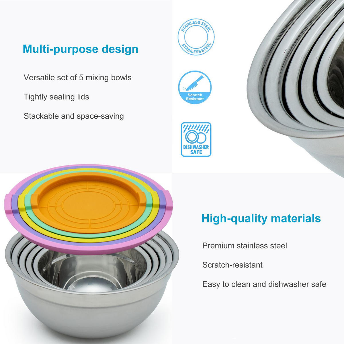 RÜHRSCHÜSSELN Edelstahl (5er Set) - Multicolor, Metall (26/13cm) - Intirilife