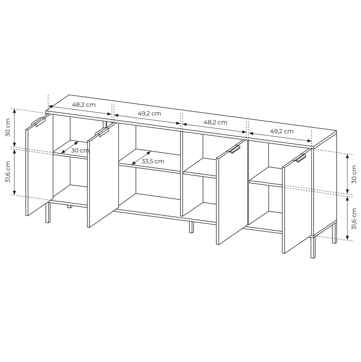 SIDEBOARD Catanian 4T Grau 202,9/81,4/39,5 cm – mit goldenen Griffen und schwarzen Beinen - Schwarz/Grau, Holzwerkstoff/Metall (202.9/81.4/39.5cm) - AX Living