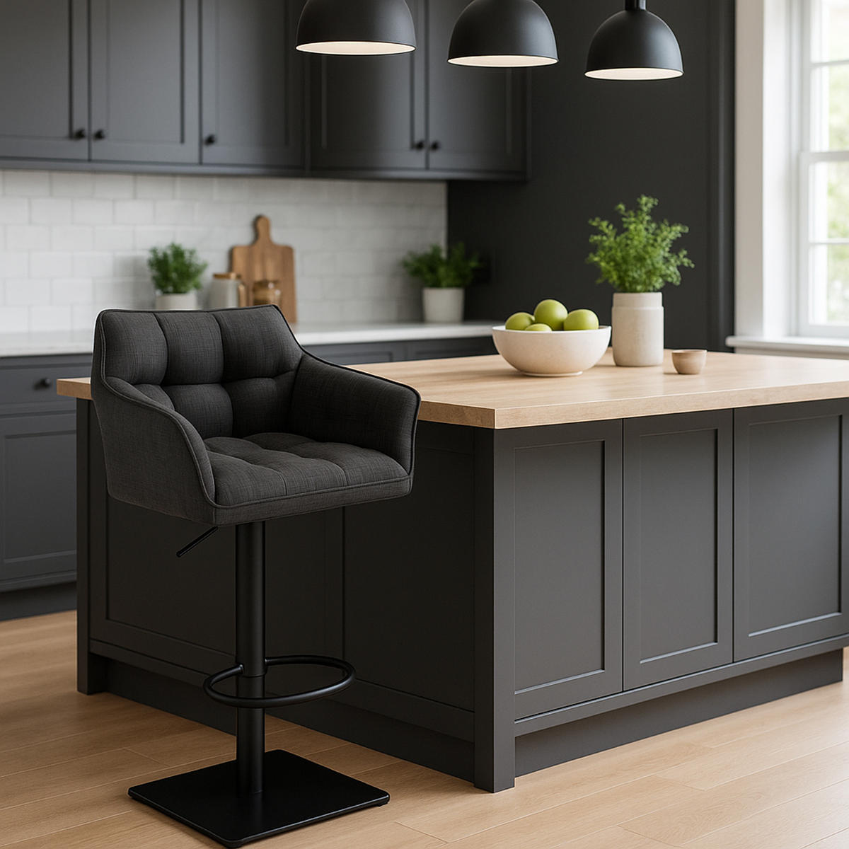 BARHOCKER 2er Set Damaskus Stoff schwarz dunkelgrau - Dunkelgrau/Schwarz, Textil/Metall (64/110/48cm) - TPFLiving