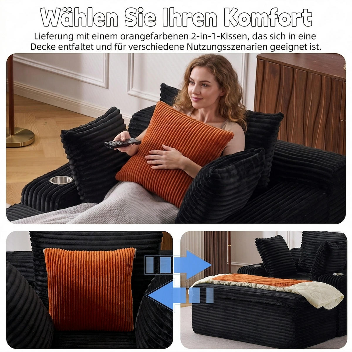 SCHLAFSOFA 165/112/63 cm Schwarz mit Chaiselongue, 3 Kissen und 1 Decke - Schwarz, Textil (112/63/165cm) - Oxeza