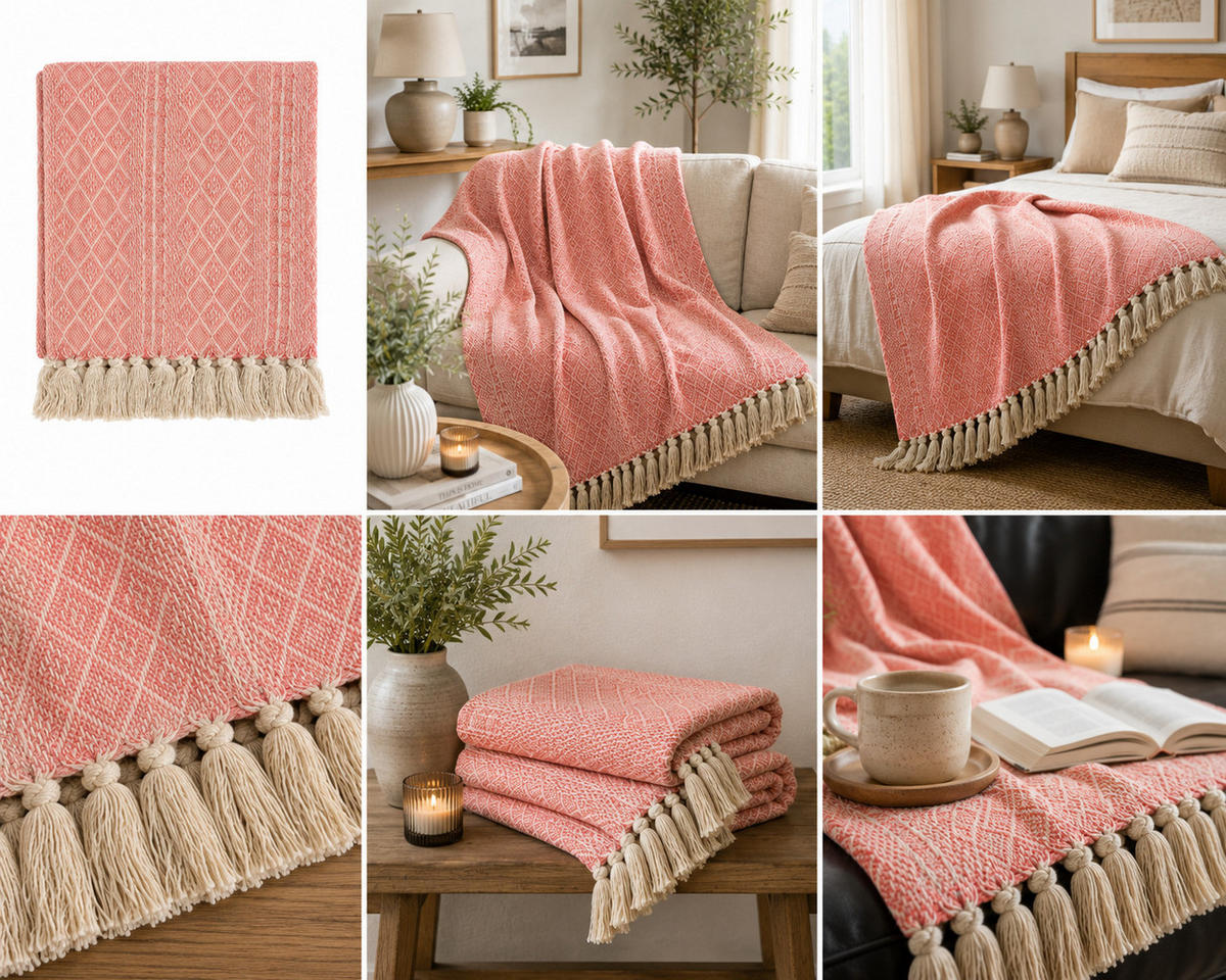 WOHNDECKE Baumwolle 130x180 cm Mit Fransen – Tamara Peach - Rosa, Naturmaterialien (130/180cm) - AU Maison