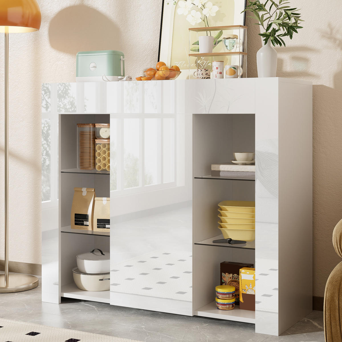 BUFFET 95x35x83 Weiß Hochglanz Glasregale Schranktür - Weiß, Holzwerkstoff (35/83/95cm) - FLIEKS