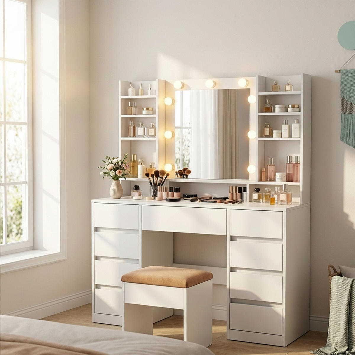 TOALETNI STOL Bijeli LED ogledalo 9 ladica - bijela, drvni materijal (107/144/40cm) - Relaxdays