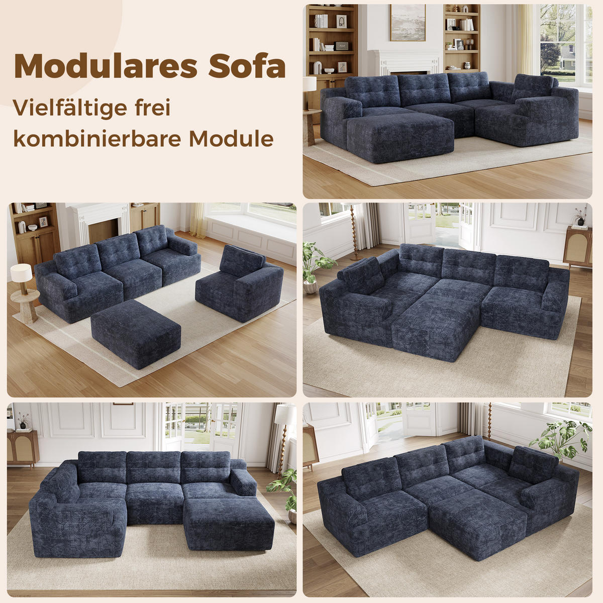 WOHNLANDSCHAFT 252/180/82 cm Blue mit 1 Fußhocker - Blau, Textil (252/82/180cm) - Oxeza