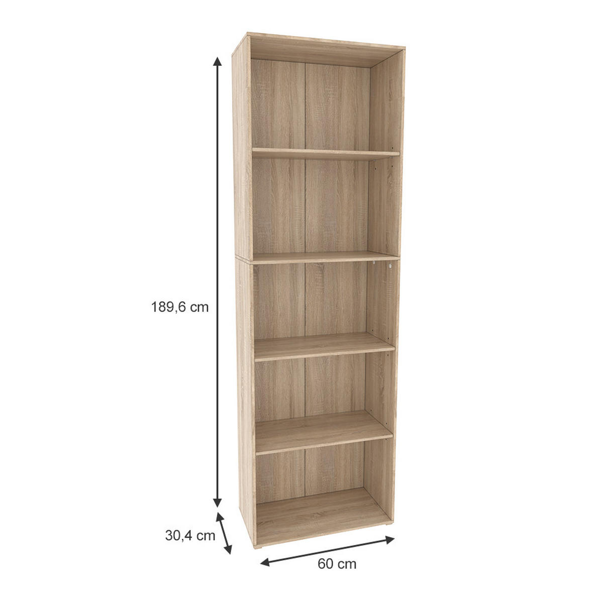 BÜCHERREGAL Bob Sonoma 60 x 190 cm mit 5 Fächern - Sonoma Eiche, Holzwerkstoff (60/190/30.4cm) - Vicco