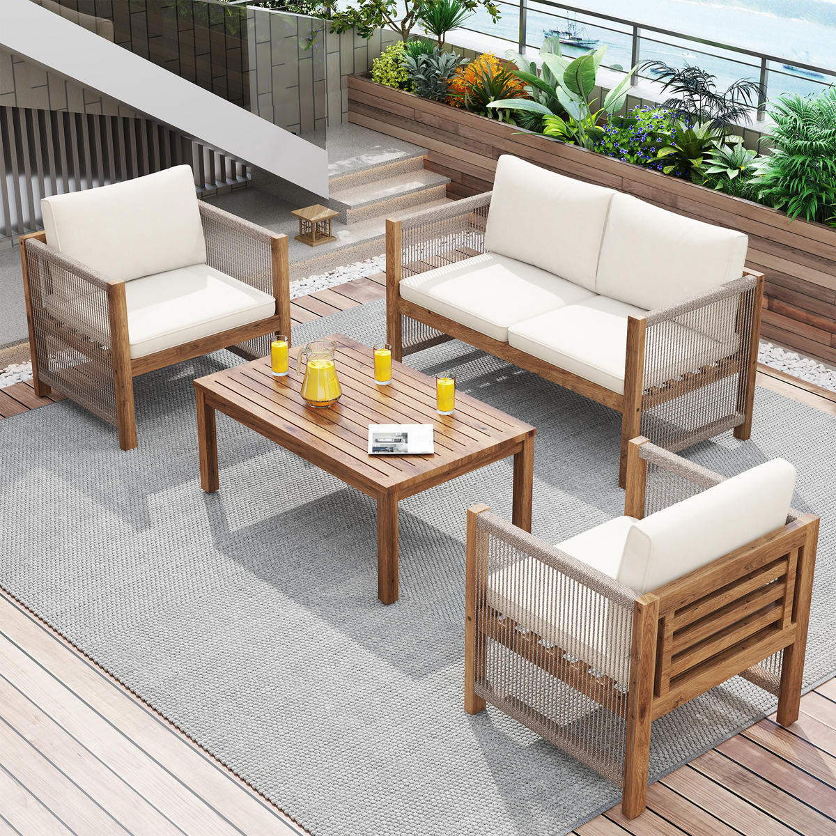 GARTENLOUNGE-SET BEIGE mit Doppelsofa 2 Sesseln Akazie Rattanoptik inkl. Kissen - Weiß, Textil - BLACKCUP