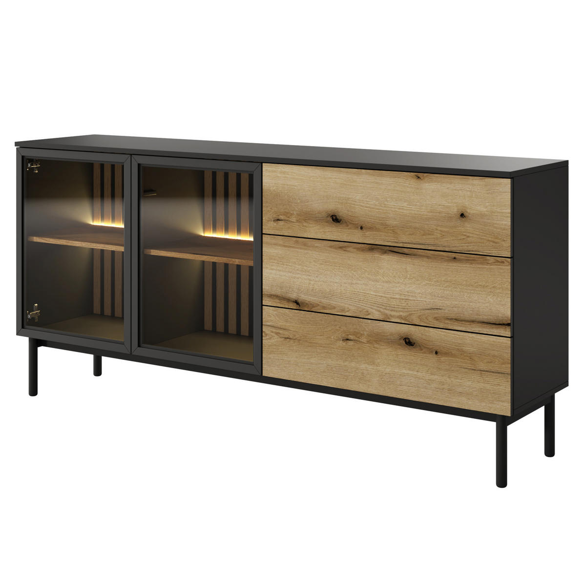 SIDEBOARD LAMBERTI 180/85/40 cm mit 3 Schubladen und 2 Türen Schwarz - Goldfarben/Schwarz, Holzwerkstoff (180/85/40cm) - MASSENO