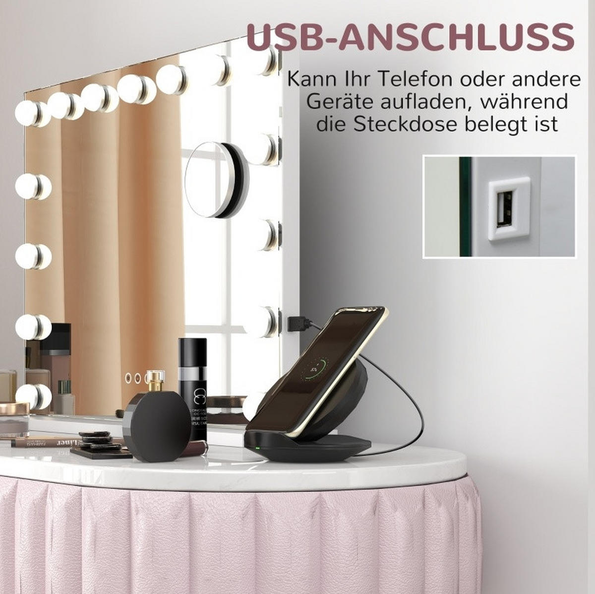 WANDSPIEGEL 58/14/48 cm weiß aus Metall mit LED-Beleuchtung und USB - Weiß, Metall (14/48/58cm) - OKWISH