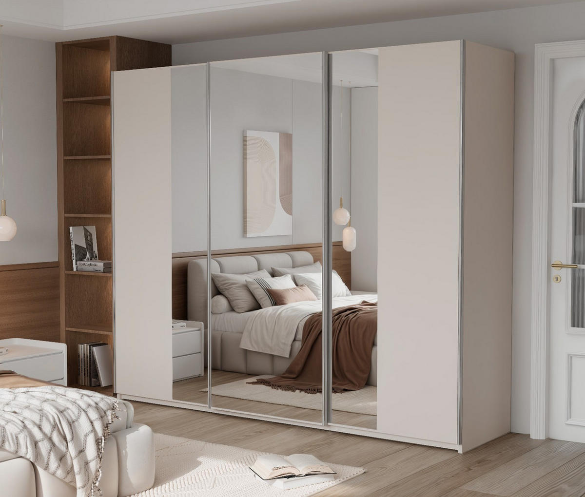 SCHWEBETÜRENSCHRANK SAMIRA 250/210/65 cm 3-türig mit Spiegel Beige - Beige, Holzwerkstoff (250/210/65cm) - MASSENO