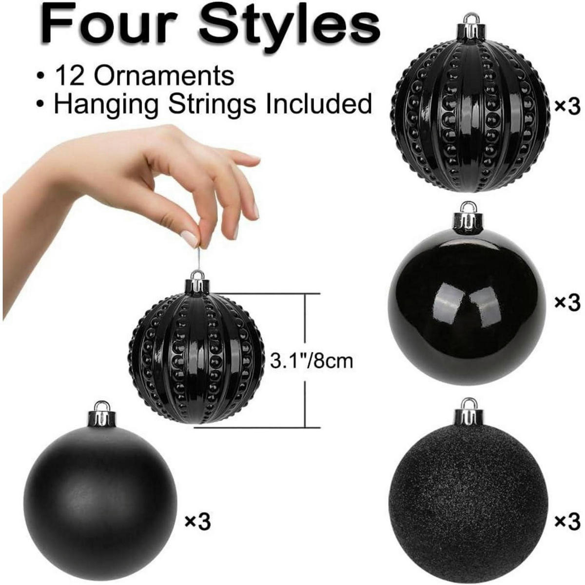 WEIHNACHTSKUGELN 12 Stück 8 cm Schwarz Bruchsicher Kunststoff - Schwarz, Kunststoff (8/8/8cm)