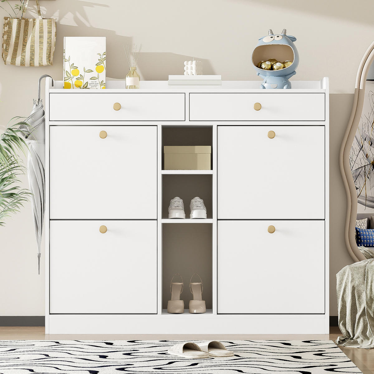 SCHUHSCHRANK aus Spanplatte 110x26x100cm in Weiß mit 4 Klapptüren - Weiß, Holzwerkstoff (110/100/26cm) - Modfu