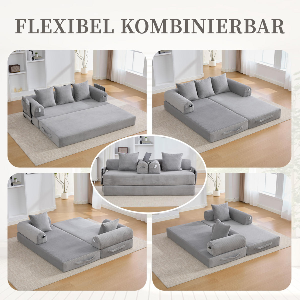 SCHLAFSOFA 200/94/67 cm Hellgrau mit Seitentaschen plus und 3 Kissen - Hellgrau, Textil (200/67/94cm) - Oxeza
