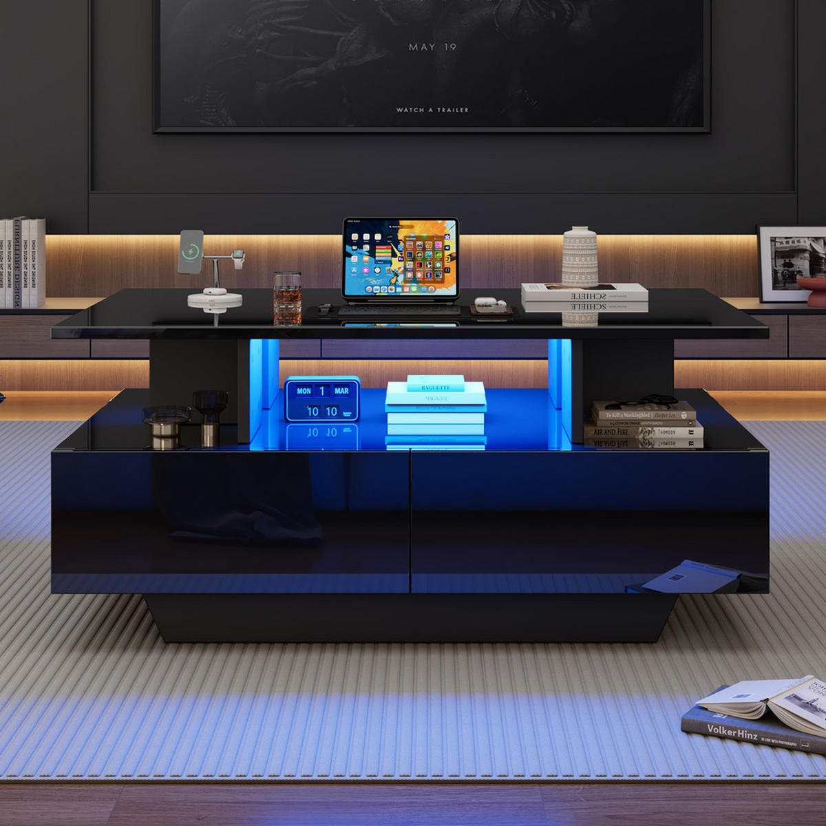 COUCHTISCH 90x55cm Schwarz Hochglanz LED 2 Schubladen Stauraum 30kg Belastbar - Schwarz, Holz (90/55/41cm) - FLIEKS