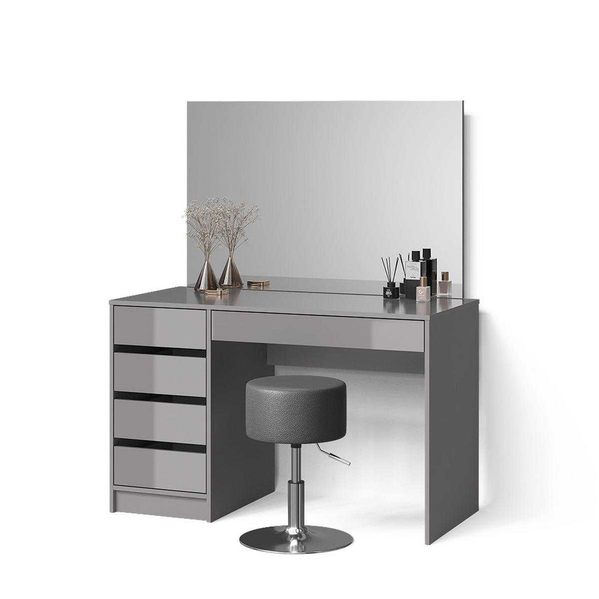 SCHMINKTISCH-SET Imola Grau 120 cm mit Hocker - Grau, Holzwerkstoff (120/75/55cm) - Livinity®