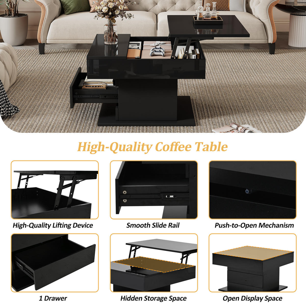 COUCHTISCH, drehbare Liftplatte, Hochglanz Schwarz, 1 Schublade & Stauraum, 70/70/45–59 cm,Schwarz - Schwarz, Holzwerkstoff (70/70/45cm) - Redom