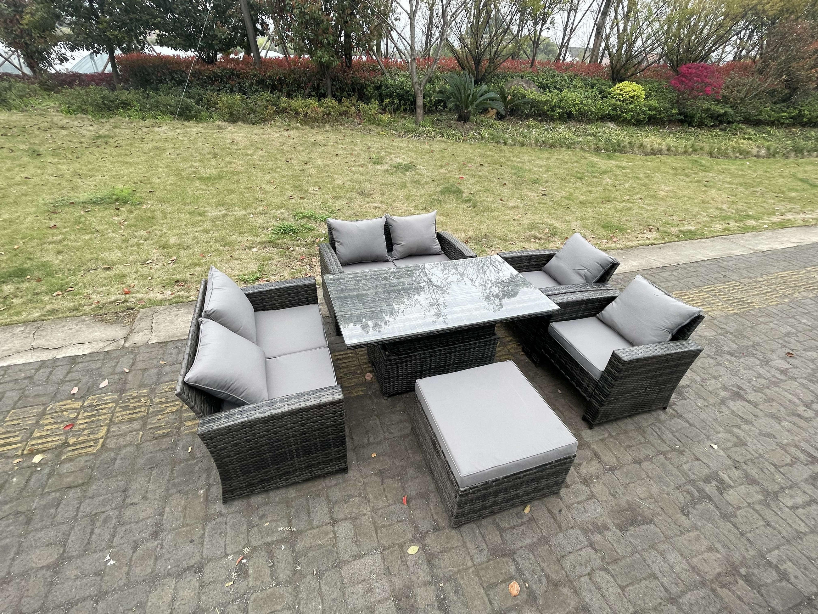 GARTENMÖBEL-SET HÖHENVERSTELLBARER ESSTISCH SESSEL SOFA MIT HOCKER Polyrattan Dunkelgrau Gemischt 7-Sitzer - Dunkelgrau, Metall - Fimous
