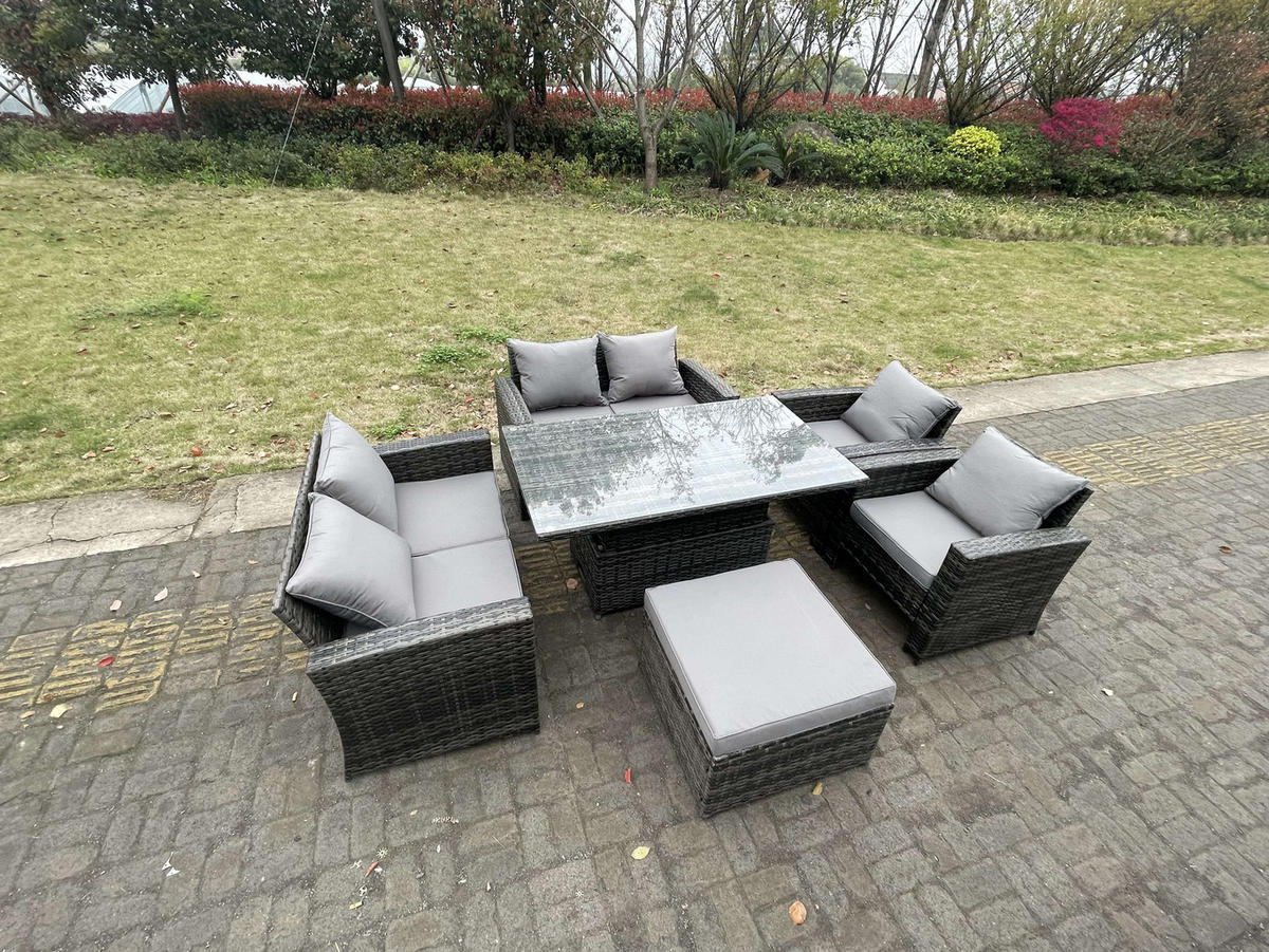 GARTENMÖBEL-SET HÖHENVERSTELLBARER ESSTISCH SESSEL SOFA MIT HOCKER Polyrattan Dunkelgrau Gemischt 7-Sitzer - Dunkelgrau, Metall - Fimous