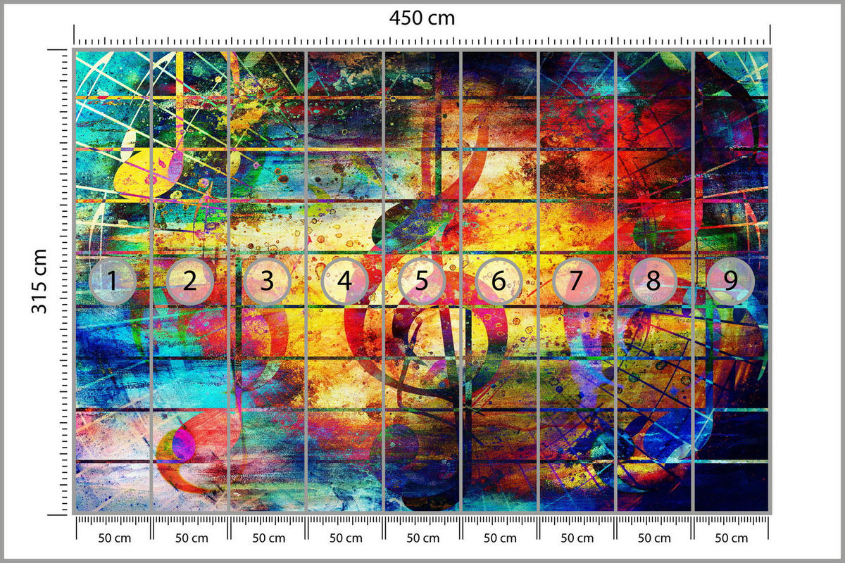 FOTOTAPETE für Jugendzimmer Bunte Abstrakte MUSIC Graffiti NOTEN 450x315 - Türkis/Gelb, Papier (450/315cm) - Muralo