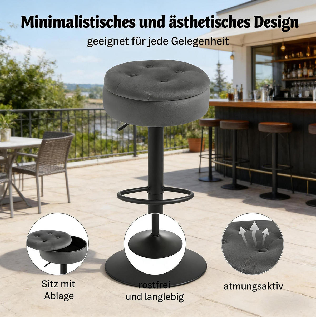 BARHOCKER mit Stauraum, höhenverstellbar, 39 x 39 x 79,5 cm, Dunkelgrau - Dunkelgrau, Metall (39/79.5/39cm) - Meubliv