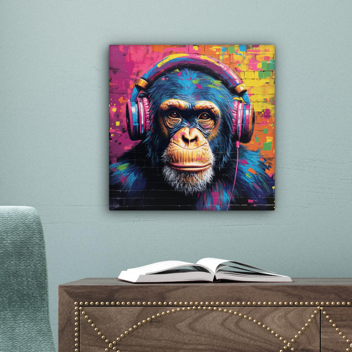 LEINWANDBILD Graffiti - Schimpanse - Straßenkunst - Kopfhörer - Affe Deko Wohnzimmer 20x20 cm - Blau, Textil (20/20cm) - MuchoWow