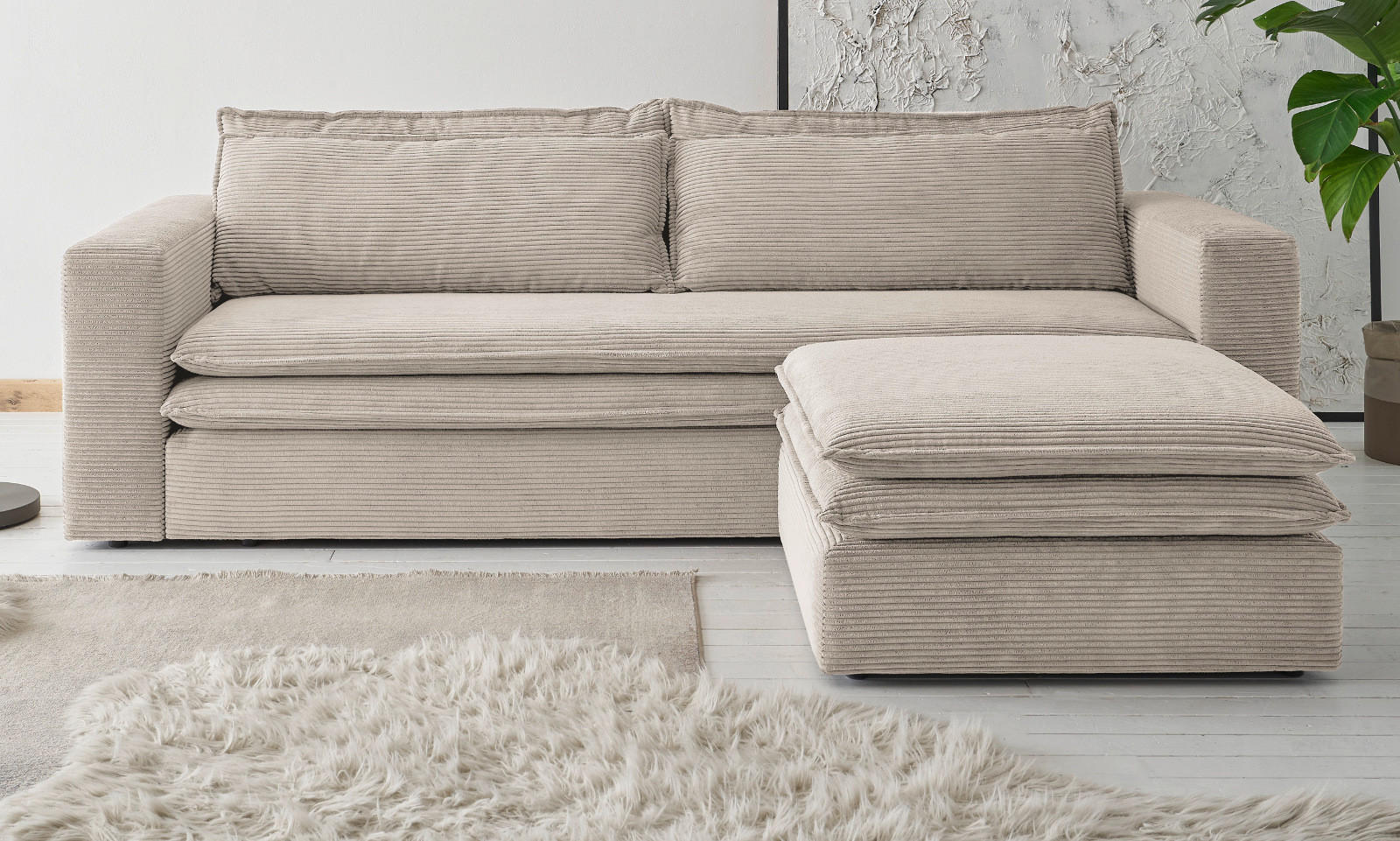 SOFA-SET beige Cord, Couch 3-Sitzer mit Bettfunktion inklusive Hocker - Beige, Holz/Textil (244/83/176cm) - Furn.Design