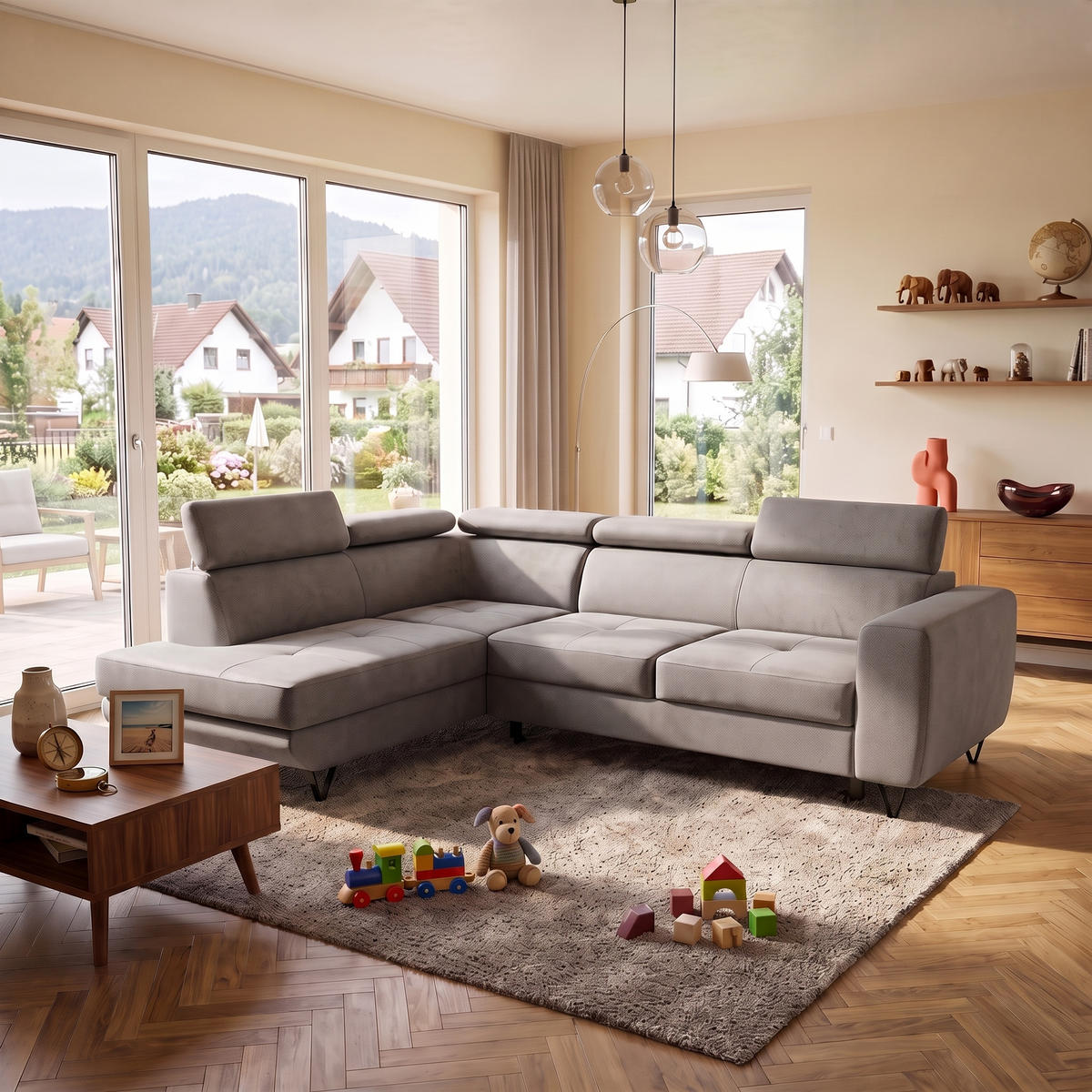 ECKSOFA JUNIOR L Links mit Schlaffunktion 194x128 Velours Beige - Beige/Schwarz, Holz/Textil (249/184cm) - Muffo