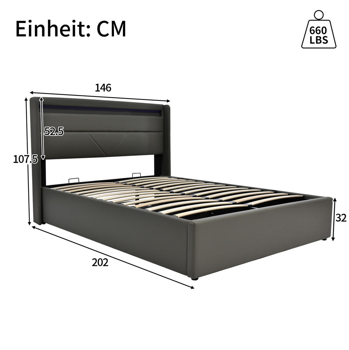 POLSTERBETT 140/200 cm Grau aus PU mit Bettkasten und LED-Beleuchtung - Grau, Kunststoff (140/200cm) - OKMYHOME