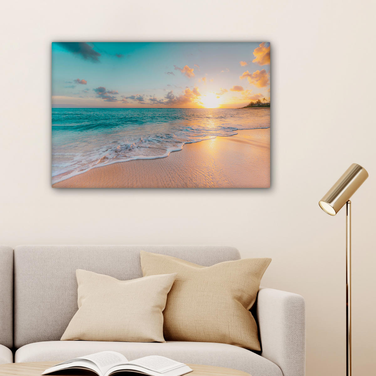 LEINWANDBILD - Sonnenuntergang - Strand - Meer - Sommer - Blau - 90x60 - Deko Wohnzimmer - Multicolor, Textil (90/60cm) - MuchoWow
