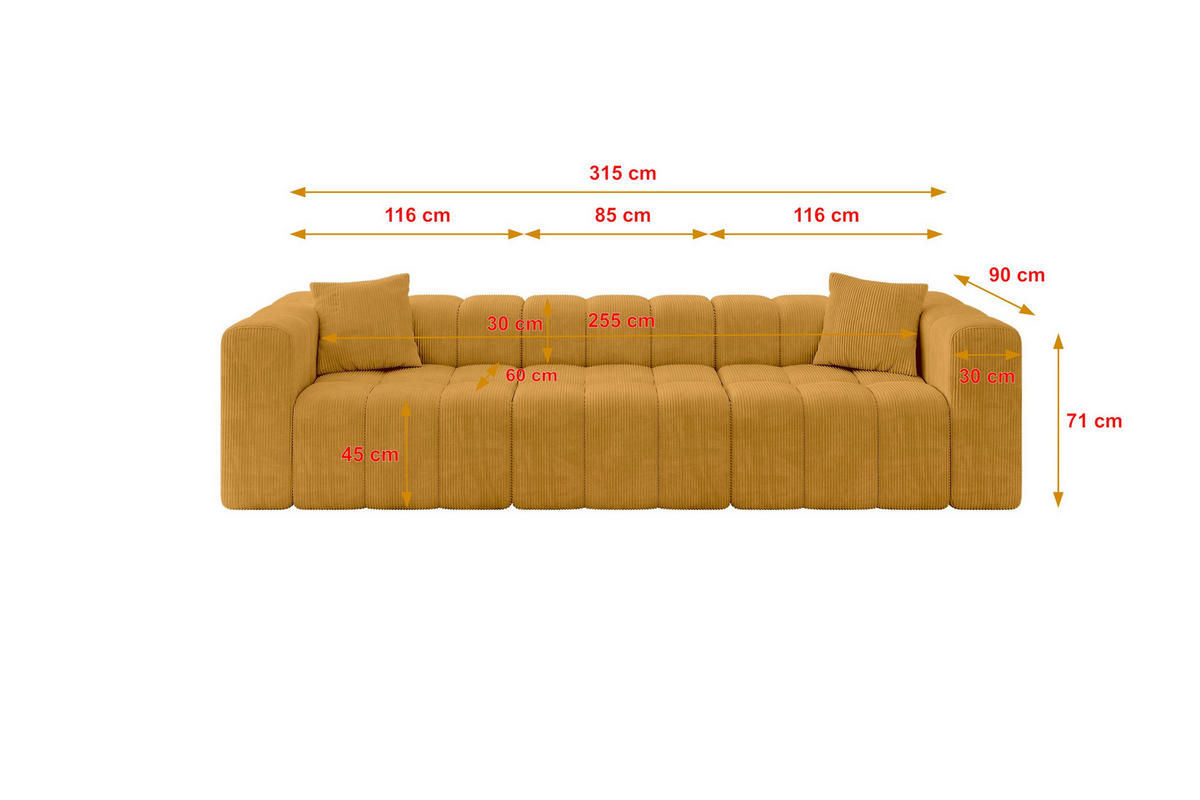 POHOVKA 3-MÍSTNÁ DONY-3 315x90x71 cm Hořčicová Manšestr - černá/tmavě žlutá, kompozitní dřevo/textil (315/71/90cm) - ALTDECOR