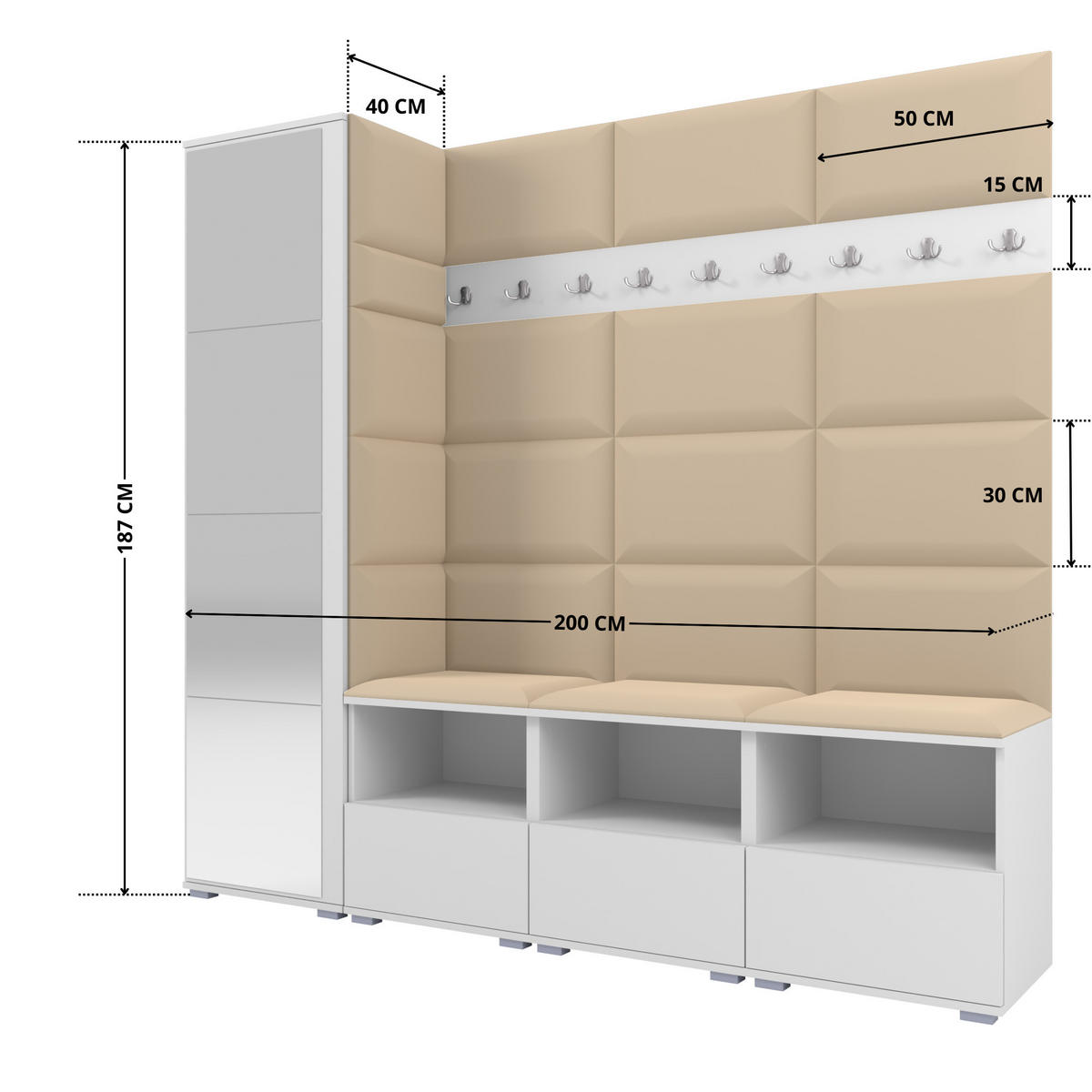 GARDEROBE NELA IX 200 cm (Modulare Flurmöbel Weiß mit Spiegel & Sitzpolster Beige 04 Breite Sitzbank) - Beige/Silberfarben, Holz/Holzwerkstoff (200/187/40cm) - Ravio