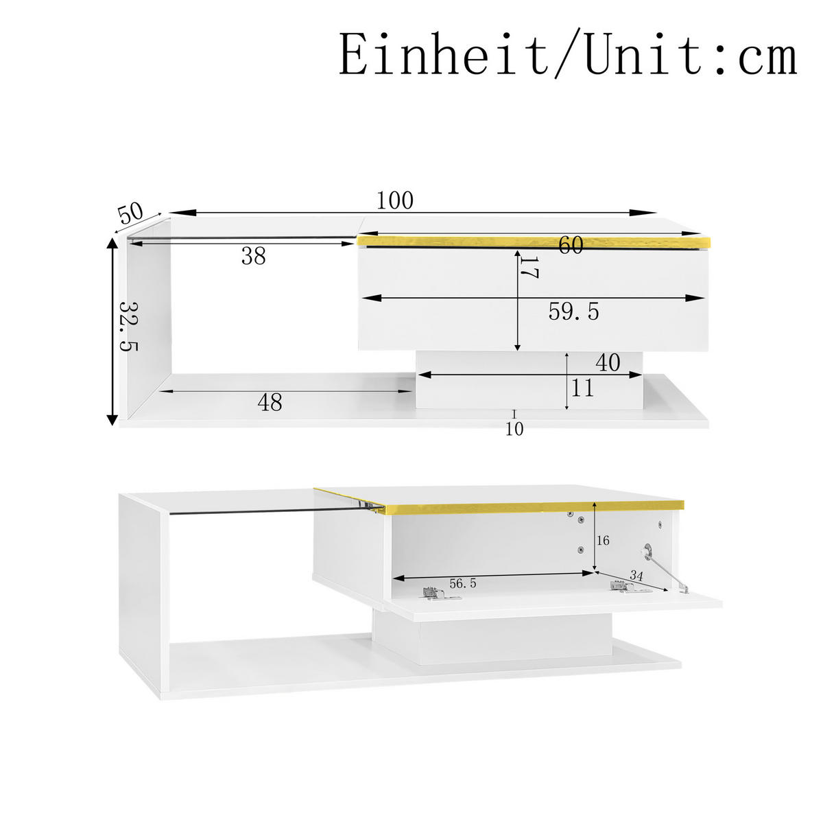 COUCHTISCH aus Spanplatte 100x50x32,5 cm in Weiß mit LED-Beleuchtung - Weiß, Holzwerkstoff (100/50/32.5cm) - Modfu