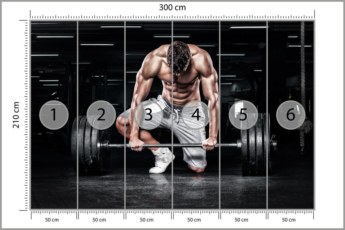 FOTOTAPETE Muskulöser Mann Fitnessstudio Training Sport 300x210 - Beige/Schwarz, Papier (300/210cm) - Muralo