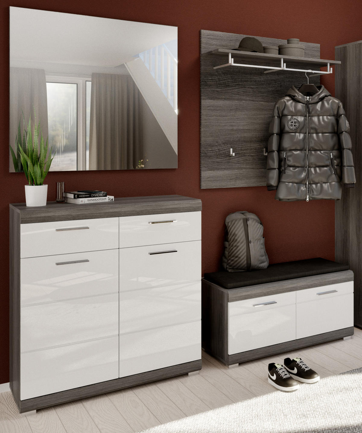 GARDEROBE Set 4-teilig weiß Hochglanz, grau, Komplettset mit Schuhkommode - Chromfarben/Weiß Hochglanz, Holzwerkstoff/Kunststoff (195/197/40cm) - Inn.Furn