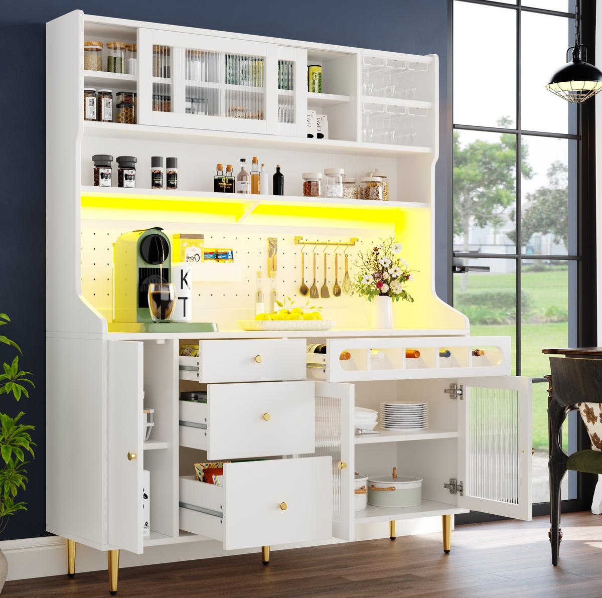 BUFFET 145/39/171 cm in Weiß mit LED-Beleuchtung und Weinregal - Weiß, Glas (145/171/39cm) - Flora Grace