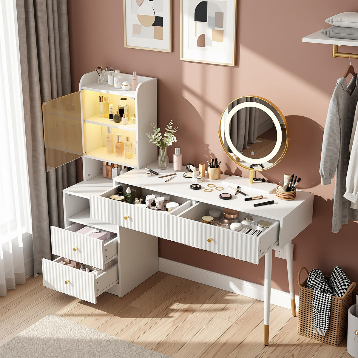 SCHMINKTISCH in Weiß mit 3-Farben LED-Spiegel - Weiß, Holzwerkstoff (135/125/40cm) - Urban Meuble