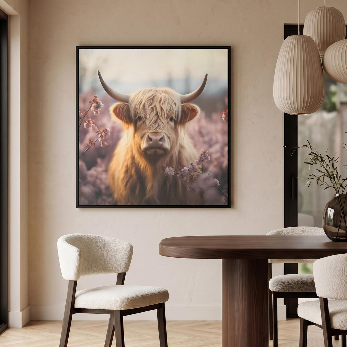 LEINWAND Bilder mit Rahmen - Schottischer Hochländer - Frühling - Hochland - 90x90 - Hellrosa, Textil (90/90cm) - MuchoWow